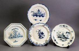 FOUR LATE 18th CENTURY STAFFORDSHIRE CREAMWARE AND PEARLWARE PLATES, each painted in underglaze