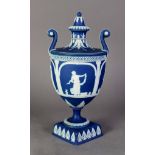 ADAMS TUNSTALL DARK BLUE AND WHITE JASPER WARE TWO HANDLE PEDESTAL VASE AND SMALL BALL SHAPED COVER,