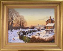 EDWARD HERSEY (b.1948) OIL PAINTING ON CANVAS Snow covered Winter Landscape with farmhouse, an old