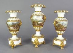 GARNITURE OF THREE EARLY 19th CENTURY BLOOR DERBY PORCELAIN PEDESTAL VASES, the centre ovular bodies