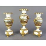 GARNITURE OF THREE EARLY 19th CENTURY BLOOR DERBY PORCELAIN PEDESTAL VASES, the centre ovular bodies