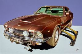 ROZ WILSON (MODERN) ACRYLIC ON CANVAS ‘Aston Martin V8 Vantage Series 111’ Signed, titled to gallery
