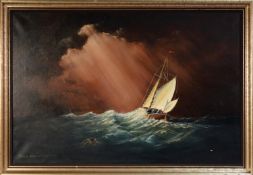 PHILIP MARCHINGTON (TWENTIETH CENTURY) OIL PAINTING ON CANVAS 'Hatch Boat' caught in a squall Signed