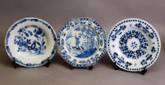 THREE EIGHTEENTH CENTURY BLUE AND WHITE DELFT POTTERY PLATES, including an English Chinoiserie