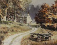 P. HOLLOWAY (TWENTIETH CENTURY) PASTEL ‘Old Cart & Farmhouse, North Wales’ Signed, titled verso