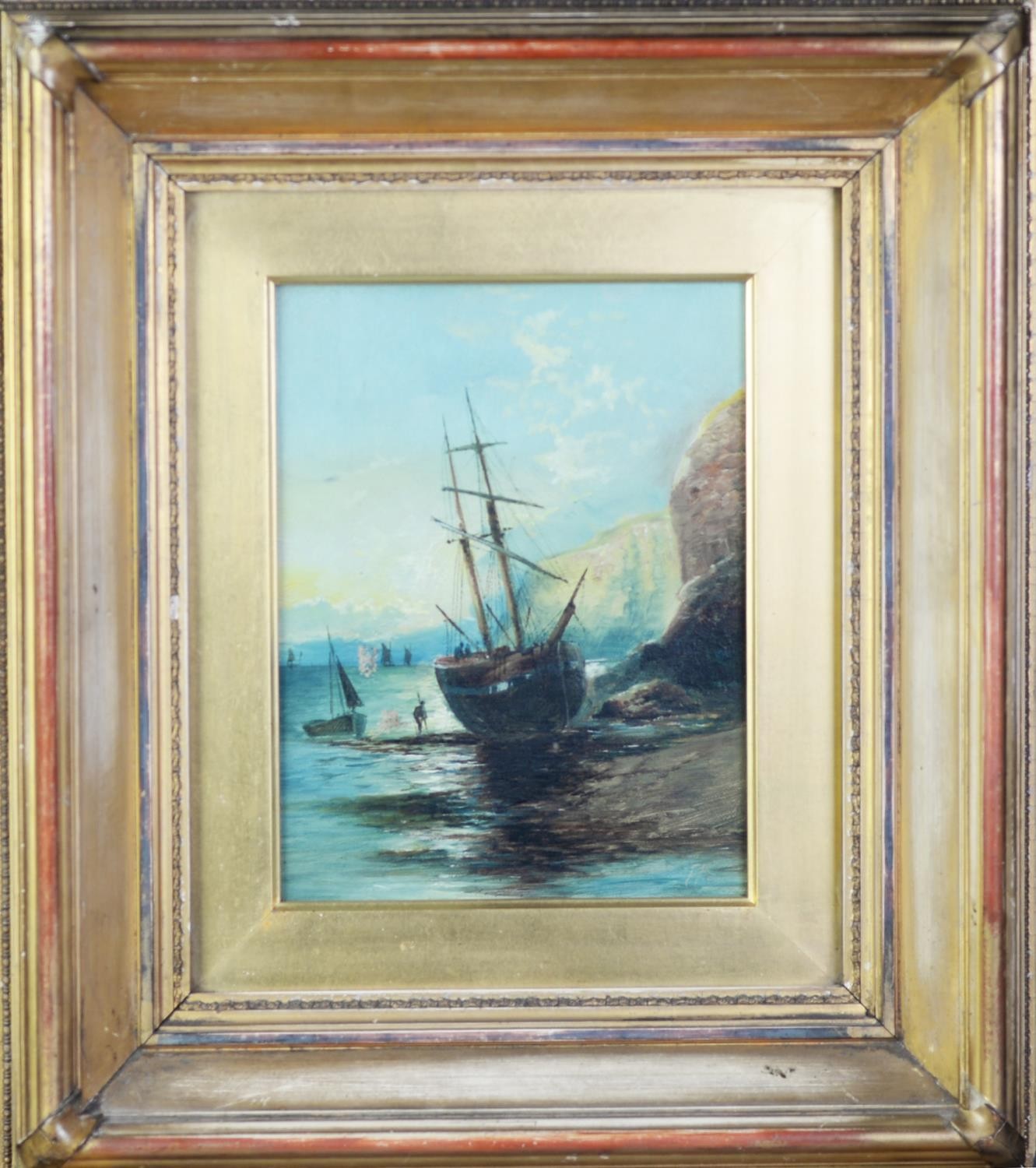 F.H. (BRITISH 19th CENTURY) OIL PAINTING ON CANVAS A coastal scene with a beached masted sailing - Image 2 of 2