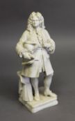 19th CENTURY CONTINENTAL BISQUE PORCELAIN FIGURE OF G.F. HANDEL standing beside musical scores, on