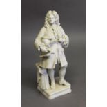 19th CENTURY CONTINENTAL BISQUE PORCELAIN FIGURE OF G.F. HANDEL standing beside musical scores, on