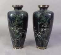 PAIR OF DAMAGED AND RESTORED JAPANESE MEIJI PERIOD CLOISONNE HEXAGONAL OVULAR VASES, each with two