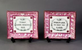 PAIR OF SUNDERLAND PINK LUSTRE OBLONG POTTERY PLAQUES, the centre printed black on white with