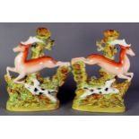 PAIR OF REPRODUCTION STAFFORDSHIRE FLAT BACK SPILL VASE GROUPS, each painted in colours and modelled