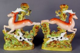 PAIR OF REPRODUCTION STAFFORDSHIRE FLAT BACK SPILL VASE GROUPS, each painted in colours and modelled