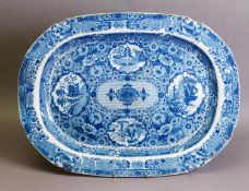 EARLY 19th CENTURY LIVERPOOL HERCULANEUM POTTERY MEAT DISH, transfer printed in blue and white,