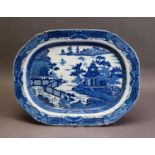 EARLY 19th CENTURY STAFFORDSHIRE POTTERY BLUE AND WHITE TRANSFER MEAT DISH, chinoiserie pattern,