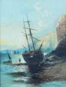 F.H. (BRITISH 19th CENTURY) OIL PAINTING ON CANVAS A coastal scene with a beached masted sailing
