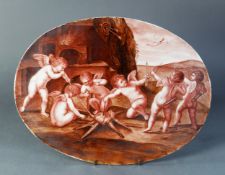 NINETEENTH CENTURY HAND PAINTED PORCELAIN OVAL PLAQUE, painted in tone of red and brown with a scene