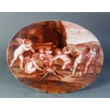 NINETEENTH CENTURY HAND PAINTED PORCELAIN OVAL PLAQUE, painted in tone of red and brown with a scene