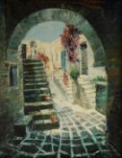 BAE. E. ZENETZHE (TWENTIETH/ TWENTY FIRST CENTURY) OIL ON CANVAS View of a courtyard through an