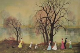 HELEN LAYFIELD BRADLEY (1900-1979) ARTIST SIGNED COLOUR PRINT Figures beside a lake Guild stamped