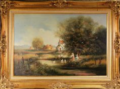 DYER (TWENTIETH CENTURY) OIL PAINTINGS ON CANVAS Pastiche river landscape with two girls feeding