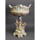 LATE 19th CENTURY GERMAN PORCELAIN PEDESTAL FRUIT STAND, the openwork bowl enamelled with flowers,