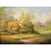 PAUL MORGAN (b.1940) OIL ON BOARD Thatched cottage in a wooded landscape Signed