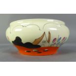 CLARICE CLIFF, WILKINSONS POTTERY HAND PAINTED LANDSCAPE PATTERN SMALL CIRCULAR BOWL, orange and