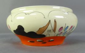 CLARICE CLIFF, WILKINSONS POTTERY HAND PAINTED LANDSCAPE PATTERN SMALL CIRCULAR BOWL, orange and