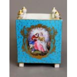 19th CENTURY PARIS PORCELAIN SEVRES STYLE SQUARE JARDINIERE with drainage holes to the base, the