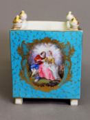 19th CENTURY PARIS PORCELAIN SEVRES STYLE SQUARE JARDINIERE with drainage holes to the base, the