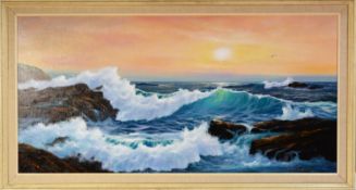 PETER COSSLETT (TWENTIETH CENTURY) OIL PAINTING ON CANVAS Seascape Signed lower right 18" x 36" (