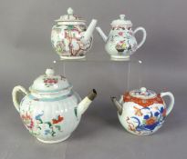 FOUR CHINESE MID QING DYNASTY PORCELAIN TEAPOTS, one with replaced white metal spout, one with metal