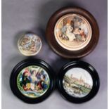 FOUR VICTORIAN COLOUR PRINTED POT LIDS, including: ‘Bear, Lion & Cock’, 3” (7.6cm) diameter, ‘