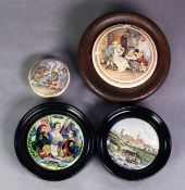 FOUR VICTORIAN COLOUR PRINTED POT LIDS, including: ‘Bear, Lion & Cock’, 3” (7.6cm) diameter, ‘