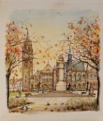 ALBIN TROWSKI (1919 - 2012) WATERCOLOUR DRAWING ON DALER BOARD Rochdale Town Hall and War Memorial