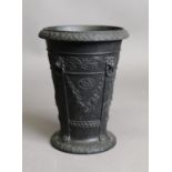 NINETEENTH CENTURY WEDGWOOD MOULDED BLACK BASALT VASE, of tapering form, decorated with lion mask