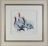 AMANDA GORDON (MODERN) WATERCOLOUR ‘A Trio of Guinea Fowl’ Signed, titled to gallery label verso