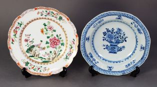 PAIR OF CHINESE QING DYNASTY PORCELAIN FAMILLE ROSE ENAMELLED PLATES, the centres with exotic
