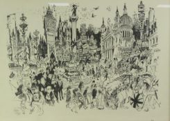 WILLIAM PAPAS ARTIST SIGNED BLACK AND COMICAL PRINT London Signed and dated 1968 20” x 27” (50.9cm x