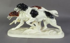 KATZHUTTE, GERMANY, EARTHENWARE GROUP OF TWO BORZOI DOGS, on rounded oblong base, green printed