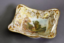 EARLY 19th CENTURY DERBY PORCELAIN TWO HANDLED FRUIT BOWL, of dished shape-oblong form, the well