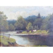 HARRY CLAYTON ADAMS OIL PAINTING ON CANVAS River landscape with cattle watering Signed & dated 1903