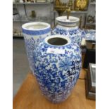 TWO TWENTIETH CENTURY CHINESE GOOD SIZE BLUE AND WHITE OVULAR VASES, ONE WITH COVER ABSENT, 16" (
