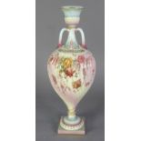 LATE VICTORIAN ROYAL WORCESTER PORCELAIN TALL, SLENDER TWO HANDLED VASE, the wrythen fluted