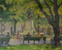 JOHN GARSIDE (1887-?) OIL ON CANVAS Park scene with figures around a statued fountain Signed 23 ½” x