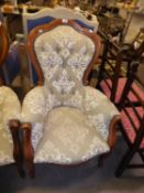 A SHOW WOOD FRAMED VICTORIAN STYLE EASY ARMCHAIR, COVERED IN WHITE ON GREY EMBROIDERED FABRIC