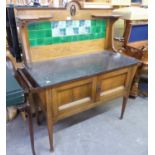 ARTS & CRAFTS STYLE OAK CUPBOARD WASHSTAND WITH RAISED GREEN TILED BACK