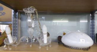 MOULDED GLASS THREE LIGHT ELECTROLIER WITH 'S' SHAPED SCROLL BRANCHES AND DRIP TRAYS AND AN OPAQUE
