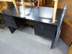 A BLACK ASH KNEEHOLE DESK, WITH CUPBOARD AND THREE DRAWERS, 4’ WIDE AND A TUBULAR METAL FRAMED