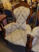 VICTORIAN STYLE EASY ARMCHAIR, WITH CARVED MAHOGANY SHOW WOOD FRAME, COVERED IN WHITE ON GREY